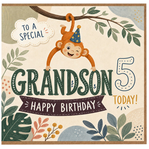 Grandson 5th Birthday Card, Happy Birthday To A Special Grandson Today, Cute Monkey Jungle Birthday Card