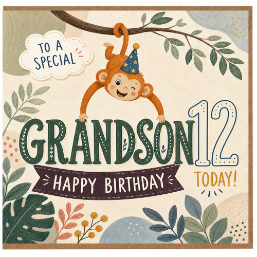 Grandson 12th Birthday Card, 12 Today Happy Birthday Card, Special Monkey Design