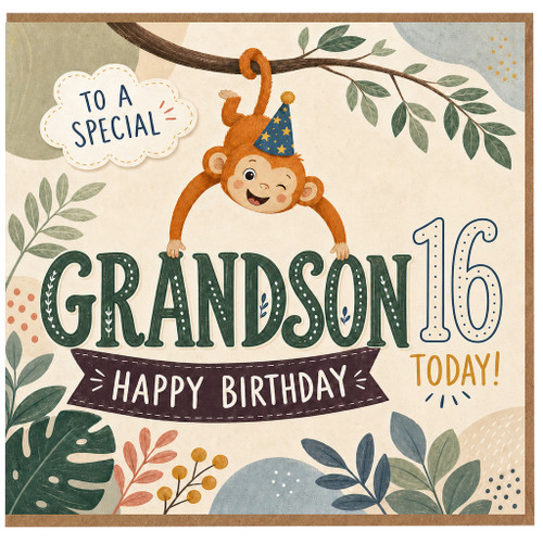 Grandson 16th Birthday Card, Cute Monkey Happy Birthday Card