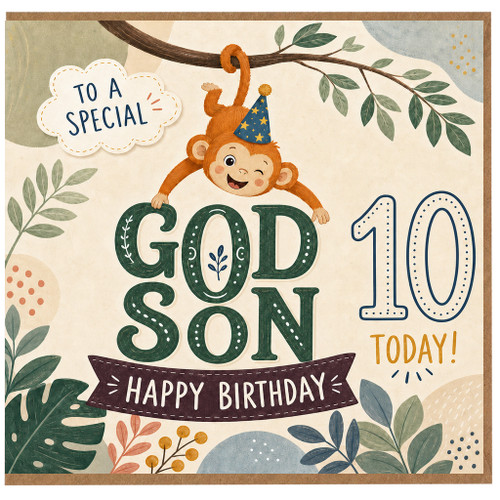 God Son 10th Birthday Card, To a Special Godson Happy Birthday Today Monkey Design