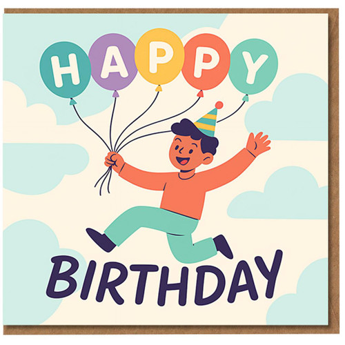 Happy Birthday Balloons Card - Playful Party Hat Character in the Clouds - Cheerful Illustrated Birthday Greeting for Kids or Adults