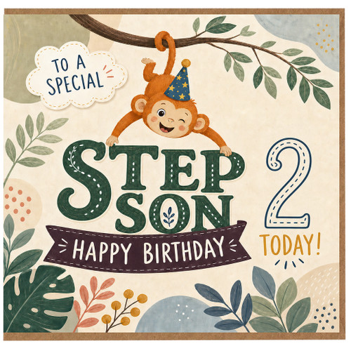 Step Son 2nd Birthday Card, Special Monkey Jungle Happy Birthday Card