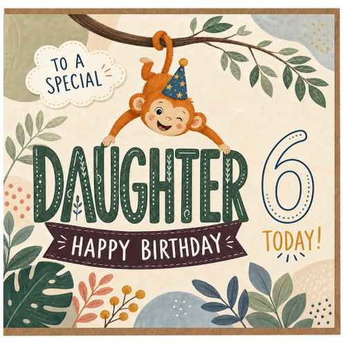 Daughter 6th Birthday Card, Happy Birthday Jungle Monkey Card