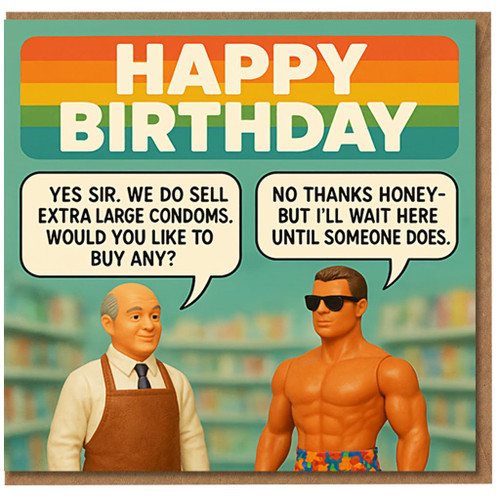 Funny Rude Birthday Card for Him - Retro Toy Figures in Shop with Condom Joke Speech Bubbles, 'Happy Birthday' Adult Humour