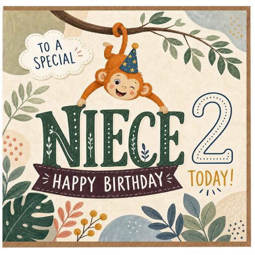 Niece 2nd Birthday Card, To A Special Niece Happy Birthday Card with Cute Monkey Design