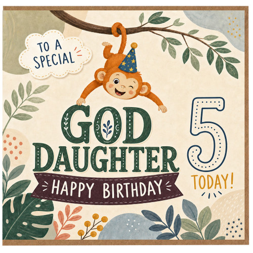 God Daughter 5th Birthday Card, Cute Monkey Happy Birthday Card