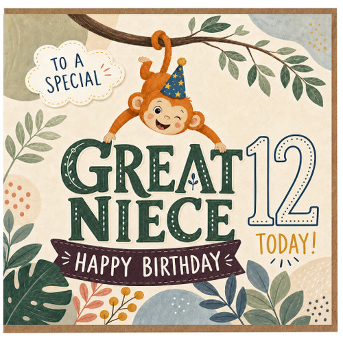 12th Birthday Card for Great Niece, Cute Monkey Happy Birthday Card