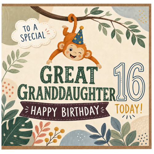 Great Granddaughter 16th Birthday Card, Cute Monkey Happy Birthday Card
