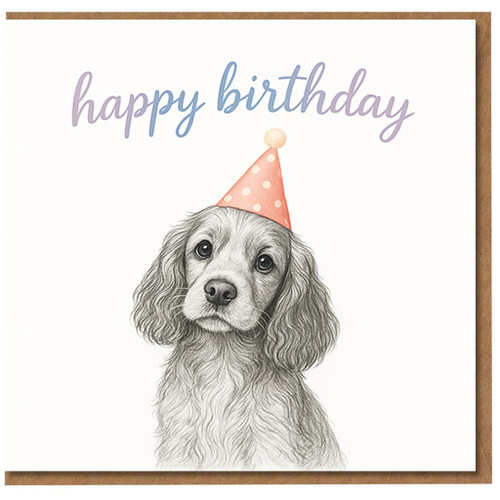 Happy Birthday Dog Card - Cute Spaniel in Party Hat Illustration, Pastel Script Greeting - For Dog Lovers, Friends & Family