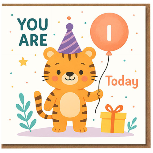 1st Birthday Card - Cute Tiger with Party Hat and Number 1 Balloon - 'YOU ARE 1 Today' Kids Birthday Card