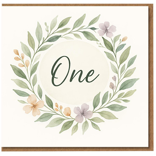 First Birthday Card - Floral Watercolour Wreath with 'One' Script - Elegant Pastel Green Leaf Design for 1st Birthday
