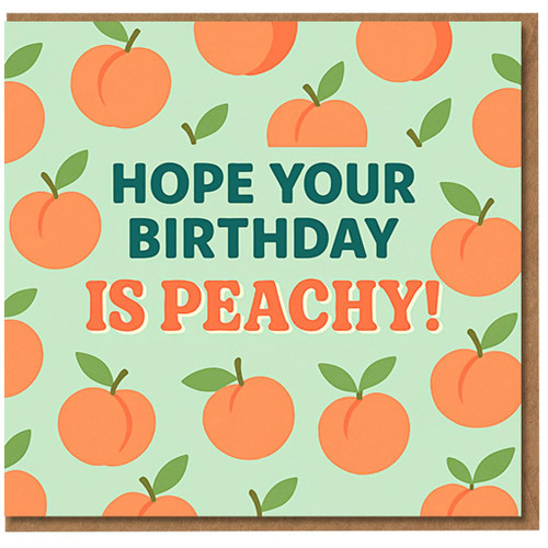 Funny Peach Pun Birthday Card - 'Hope Your Birthday Is Peachy!' Bold fruit pattern on mint green, cheerful design for friends, family, partner or colleague