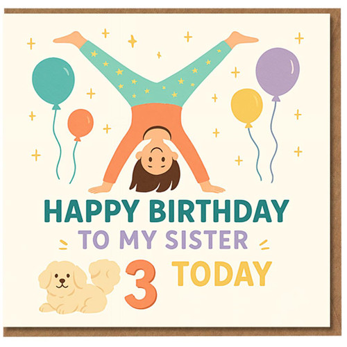 3rd Birthday Card for Sister - Happy Birthday To My Sister 3 Today - Cute Handstand Girl with Balloons and Puppy - Age 3 Little Card