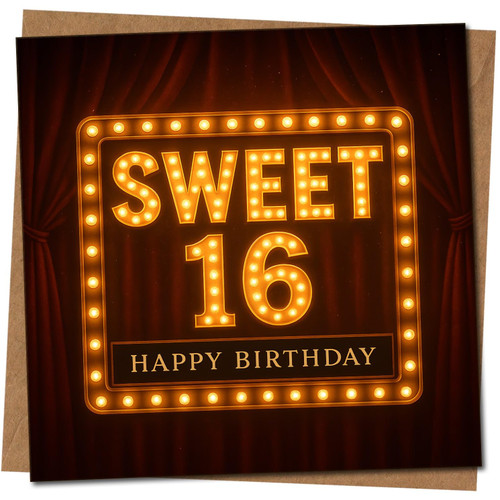 Sweet 16 Happy Birthday Card - 145mm x 145mm - Marquee Lights Design - Sixteenth Birthday Celebration Card, Includes Kraft Envelope