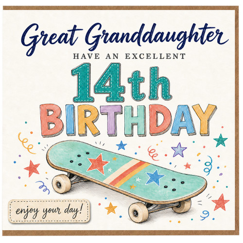 Great Granddaughter 14th Birthday Card, Skateboard Themed Birthday Card