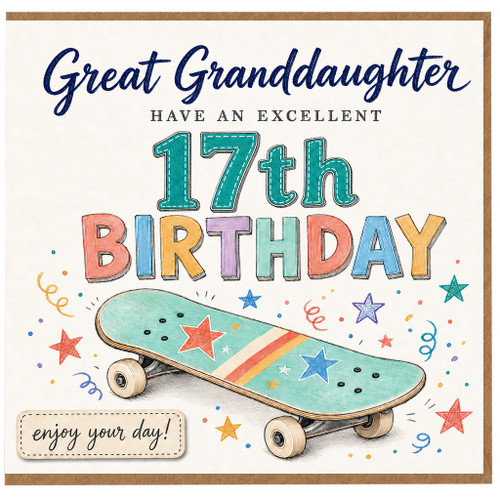 Great Granddaughter 17th Birthday Card with Skateboard Design