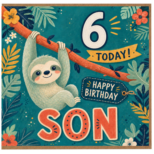 Son 6th Birthday Card, Cute Sloth Jungle Birthday Card