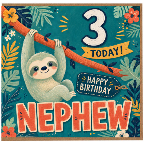 Nephew 3rd Birthday Card, Cute Sloth Jungle Happy Birthday Card