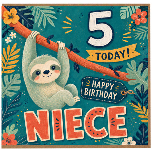 Niece 5th Birthday Card, Cute Sloth Happy Birthday Card, Happy 5 Today Card