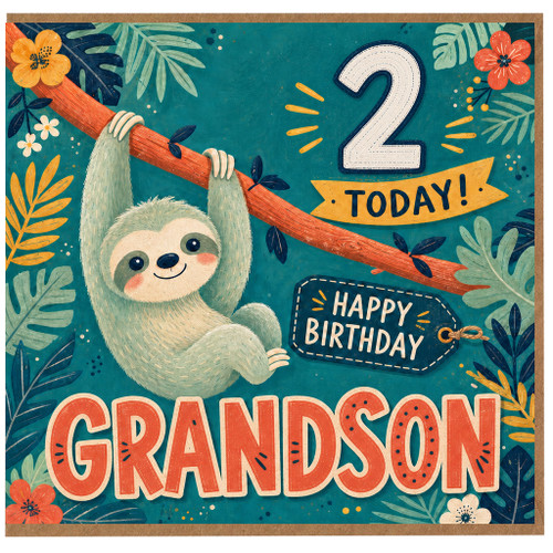 2nd Birthday Card for Grandson, Cute Sloth Tropical Birthday Card