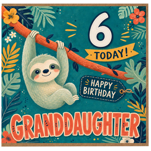 Granddaughter 6th Birthday Card, Cute Sloth Jungle Birthday Card