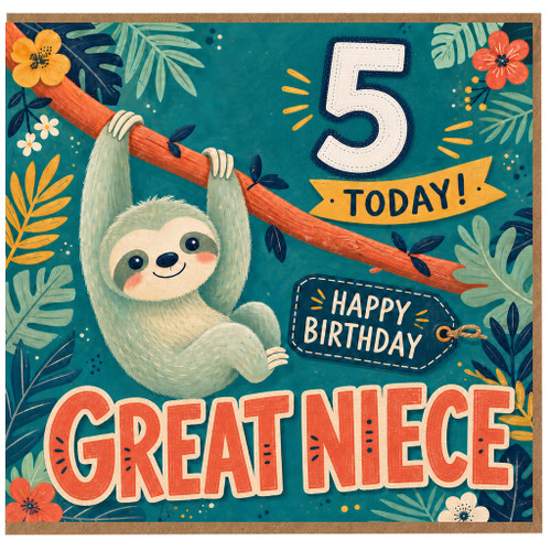5th Birthday Card for Great Niece, Cute Sloth Tropical Birthday Card