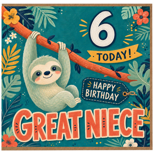 6th Birthday Card for Great Niece, Cute Sloth Happy Birthday Card