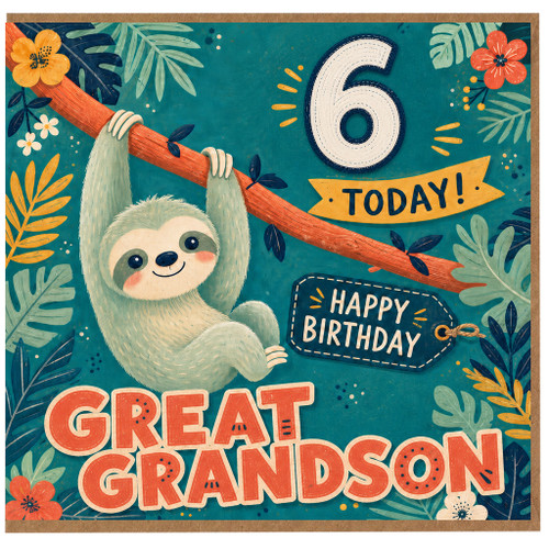 6th Birthday Card for Great Grandson, Happy Birthday 6 Today Sloth Card