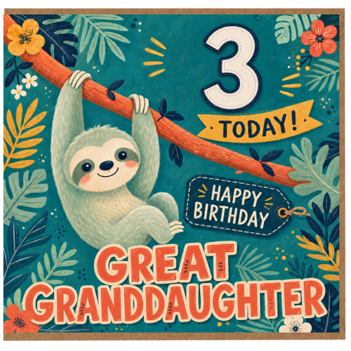 Great Granddaughter 3rd Birthday Card, Cute Sloth Happy Birthday Card