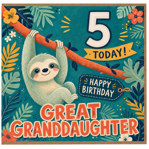 Great Granddaughter 5th Birthday Card, Cute Sloth 5 Today Happy Birthday Card