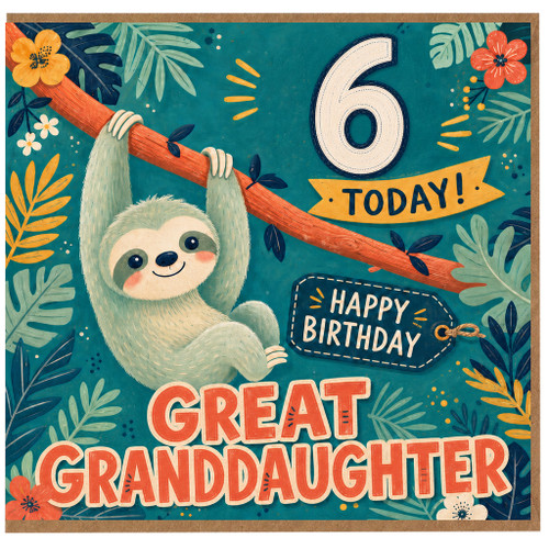 6th Birthday Card for Great Granddaughter, Cute Sloth Happy Birthday Card