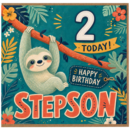 2nd Birthday Step Son Card, Cute Sloth Happy Birthday Card