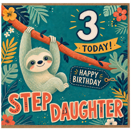 Step Daughter 3rd Birthday Card, Cute Sloth Happy Birthday Card