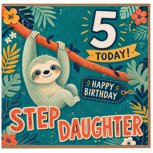 Step Daughter 5th Birthday Card, Cute Sloth Tropical Birthday Card