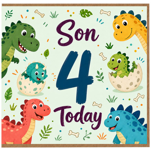 Son 4th Birthday Card, Cute Dinosaur Birthday Card