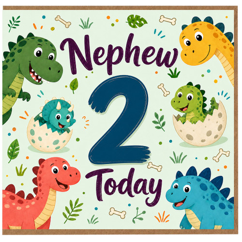 Nephew 2nd Birthday Card, Cute Dinosaur Birthday Card for Nephew