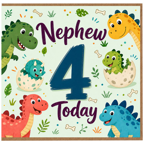 Nephew 4th Birthday Card, Cute Dinosaur Birthday Card