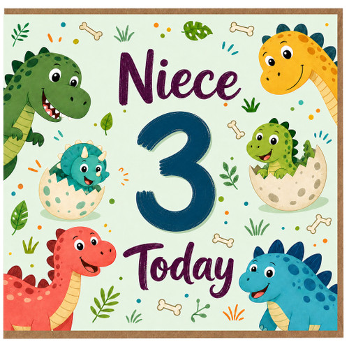 3rd Birthday Card for Niece, Cute Dinosaur Birthday Card