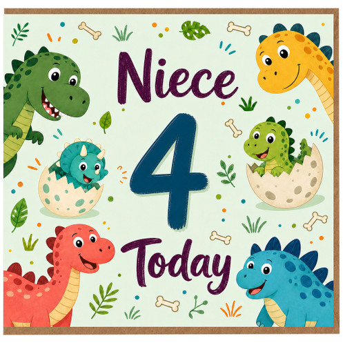 4th Birthday Card for Niece, Cute Dinosaur Birthday Card