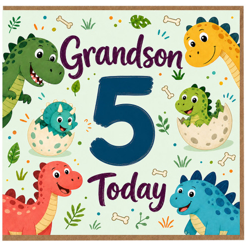 Grandson 5th Birthday Card, Cute Dinosaur Birthday Card