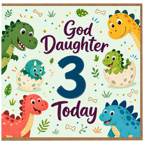 3rd Birthday Card for God Daughter, Cute Dinosaur Birthday Card