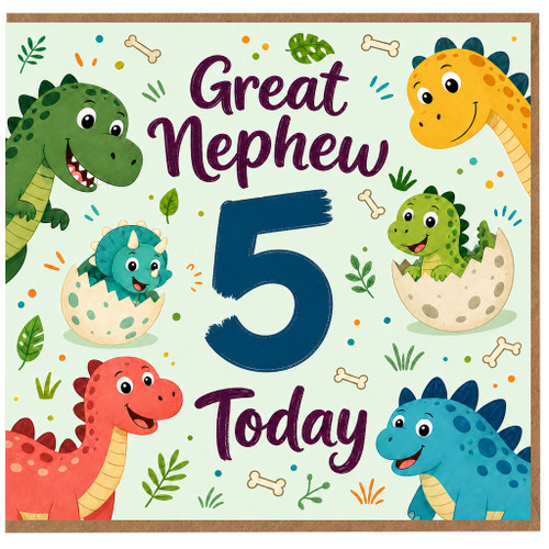 5th Birthday Card for Great Nephew, Cute Dinosaur Card