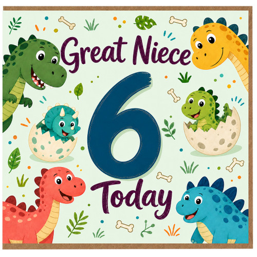 6th Birthday Card for Great Niece, Cute Dinosaur Card