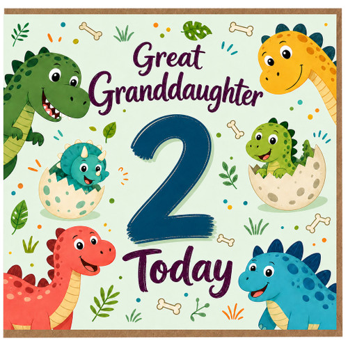 2nd Birthday Card for Great Granddaughter, Dinosaur Birthday Card