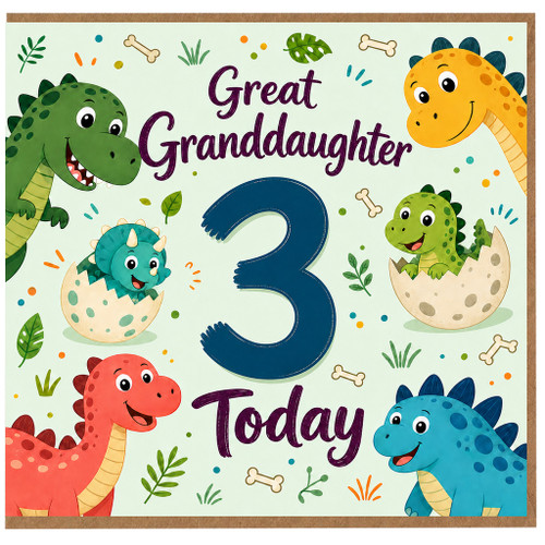 Great Granddaughter 3rd Birthday Card, Cute Dinosaur Birthday Card