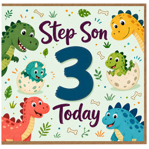 Step Son 3rd Birthday Card, Cute Dinosaur Birthday Card for Step Son