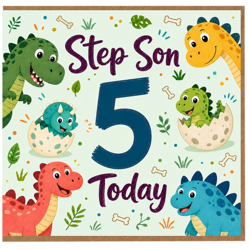 Step Son 5th Birthday Card, Cute Dinosaur Birthday Card