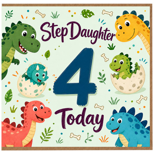 4th Birthday Card for Step Daughter, Cute Dinosaur 4 Today Card
