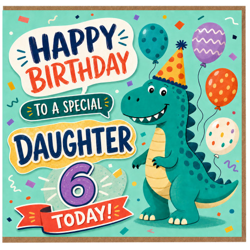 Daughter 6th Birthday Card, Happy Birthday to a Special Daughter Today, Cute Dinosaur Birthday Card