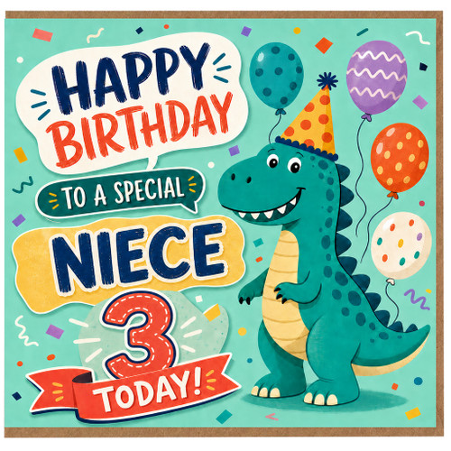 3rd Birthday Card for Niece, Cute Dinosaur Birthday Card